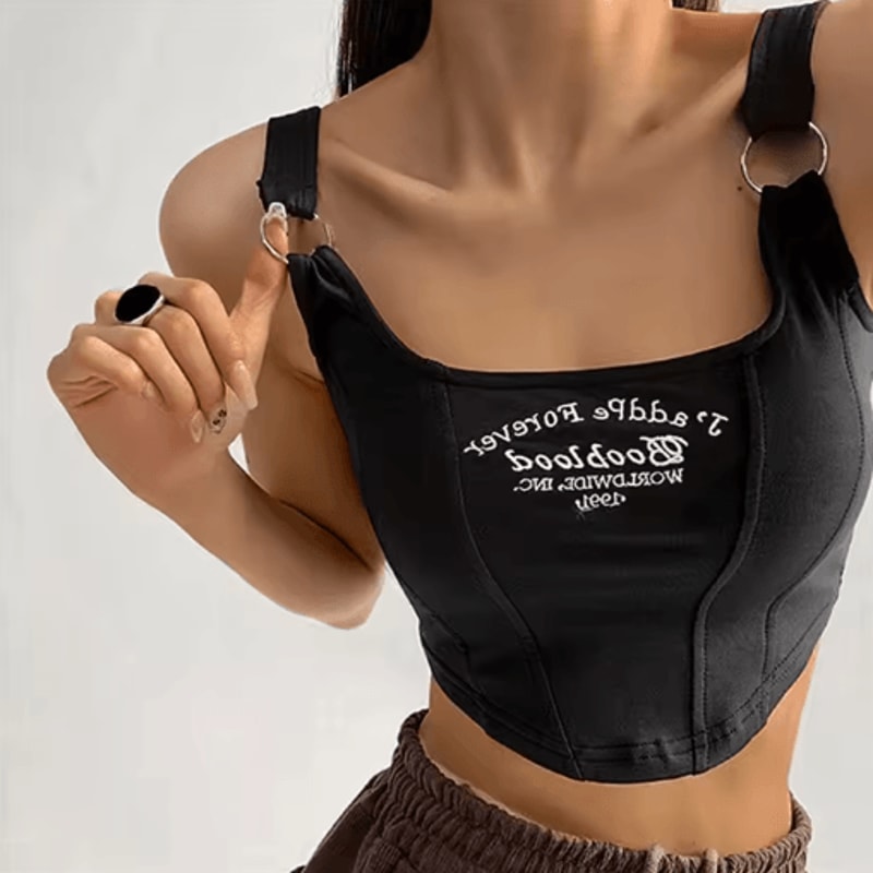 Womens Embroidered Letter Crop Top With Bra Pad And Iron Ring Detail 7