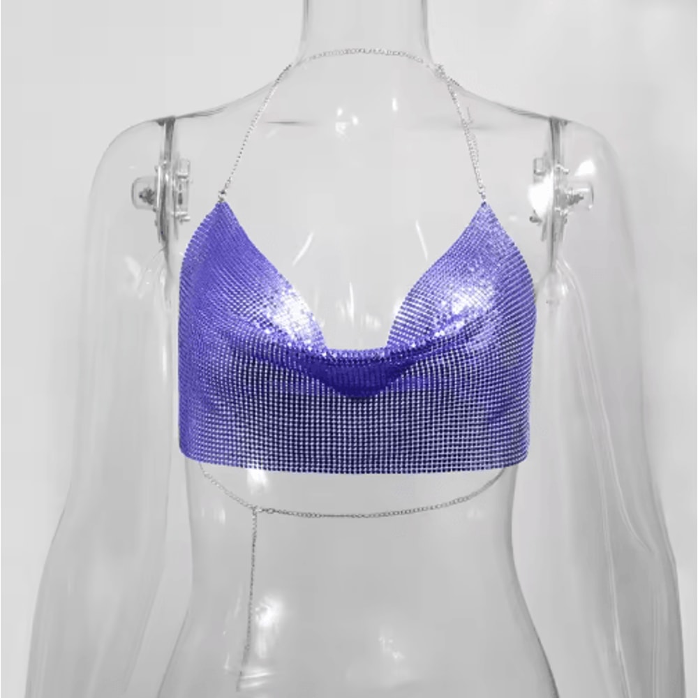 Womens Metallic Halter Crop Top Glitter Backless Corset Cami 1