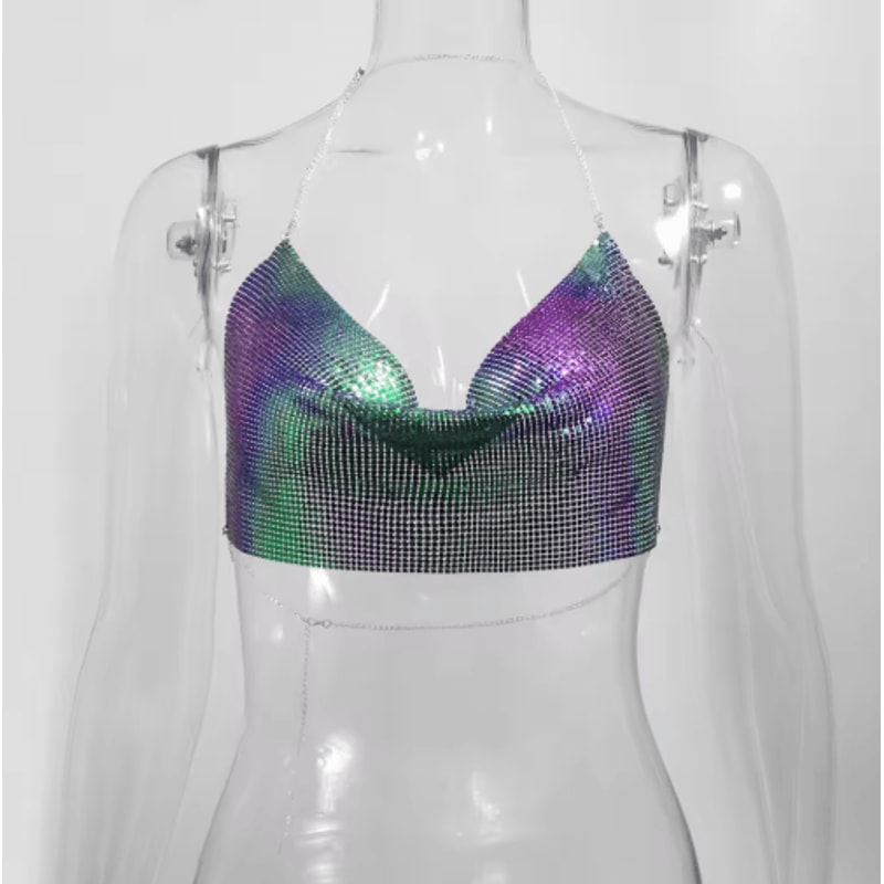 Womens Metallic Halter Crop Top Glitter Backless Corset Cami 10