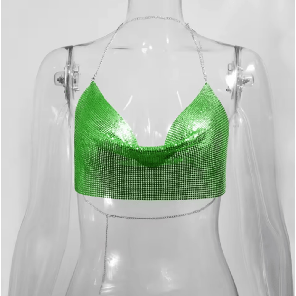 Womens Metallic Halter Crop Top Glitter Backless Corset Cami 2