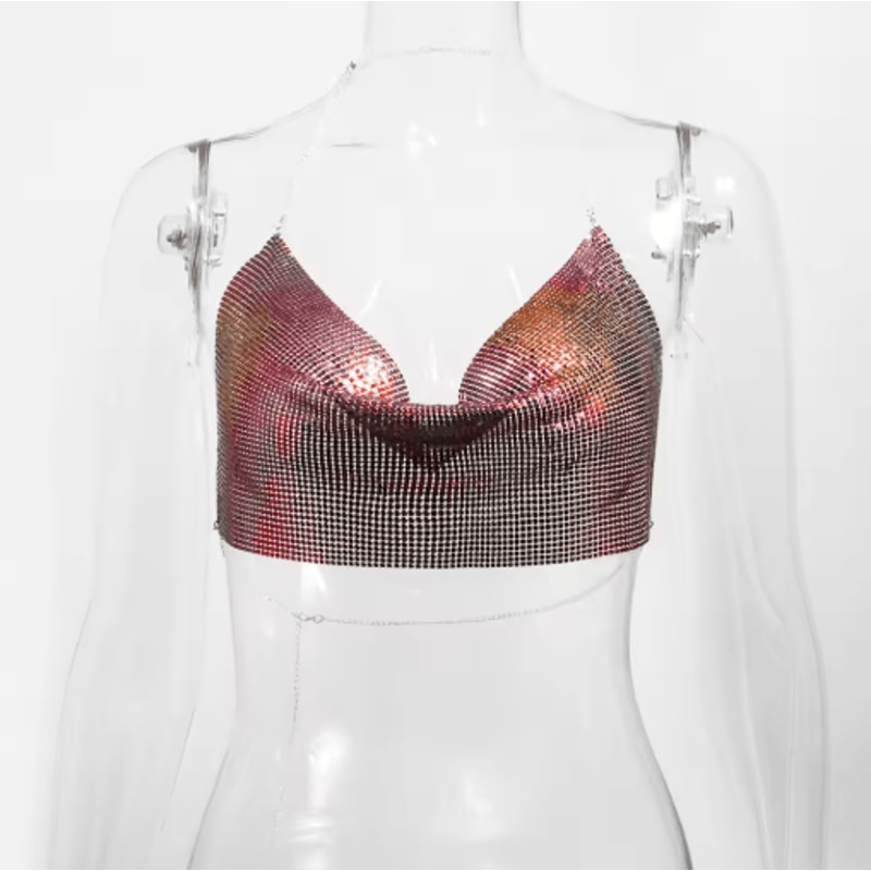 Womens Metallic Halter Crop Top Glitter Backless Corset Cami 4