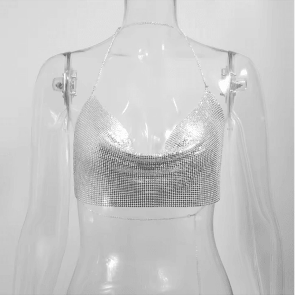 Womens Metallic Halter Crop Top Glitter Backless Corset Cami 5