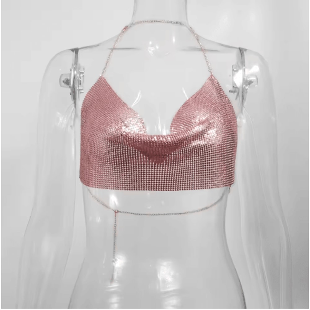 Womens Metallic Halter Crop Top Glitter Backless Corset Cami 6