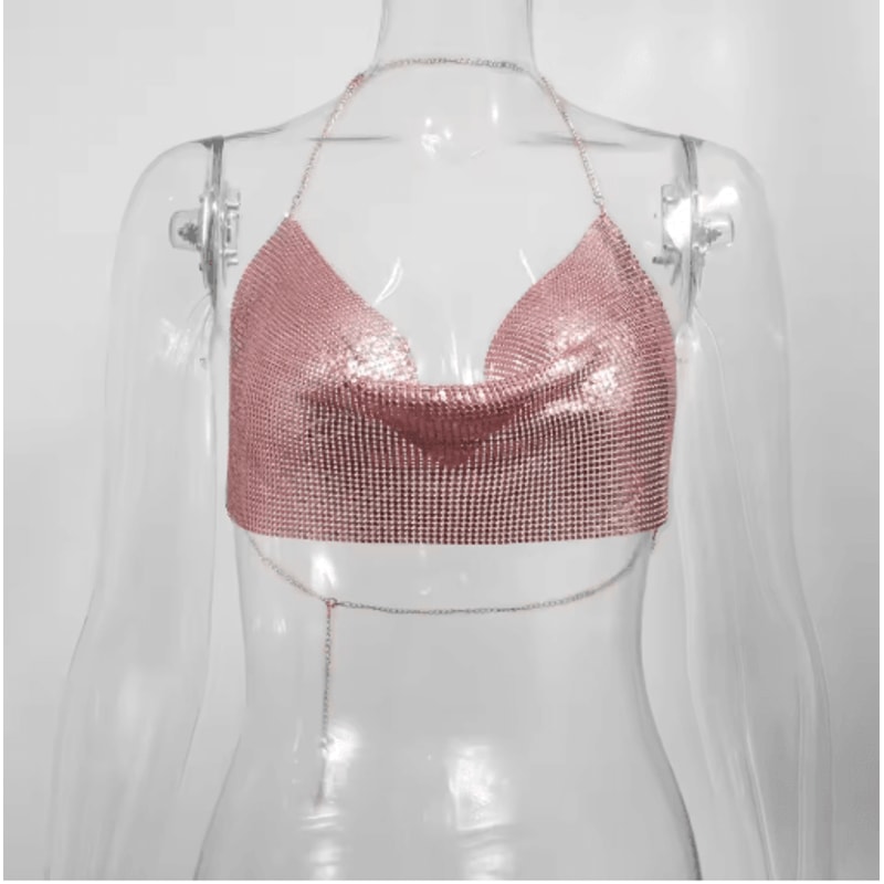 Womens Metallic Halter Crop Top Glitter Backless Corset Cami 6