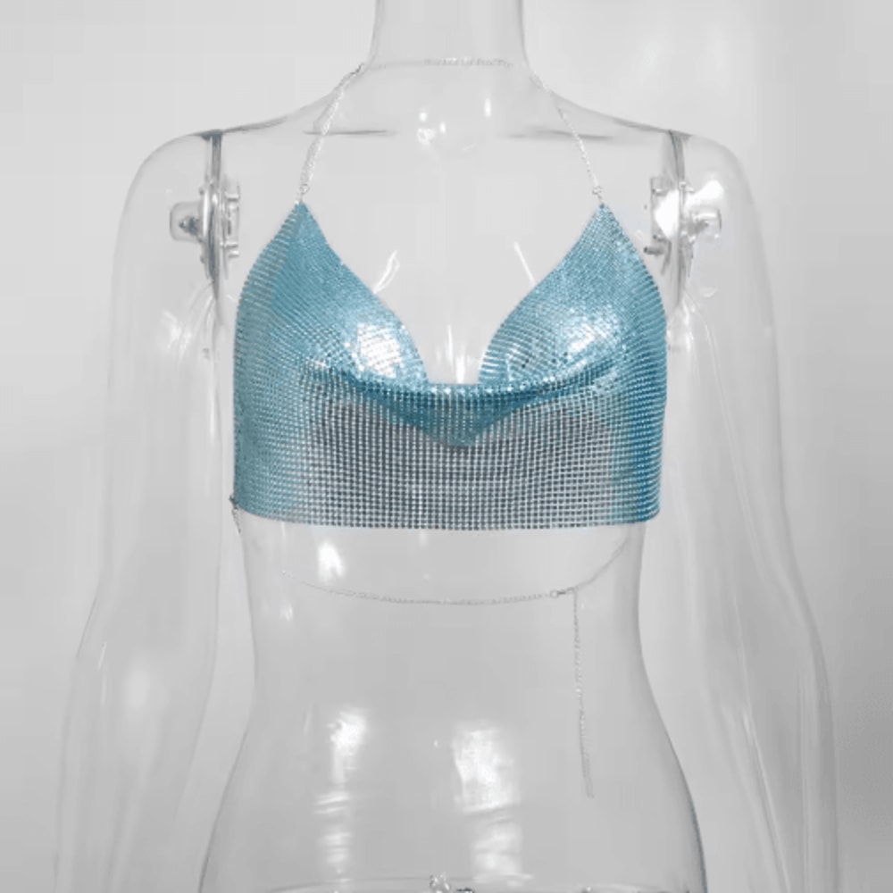 Womens Metallic Halter Crop Top Glitter Backless Corset Cami 8