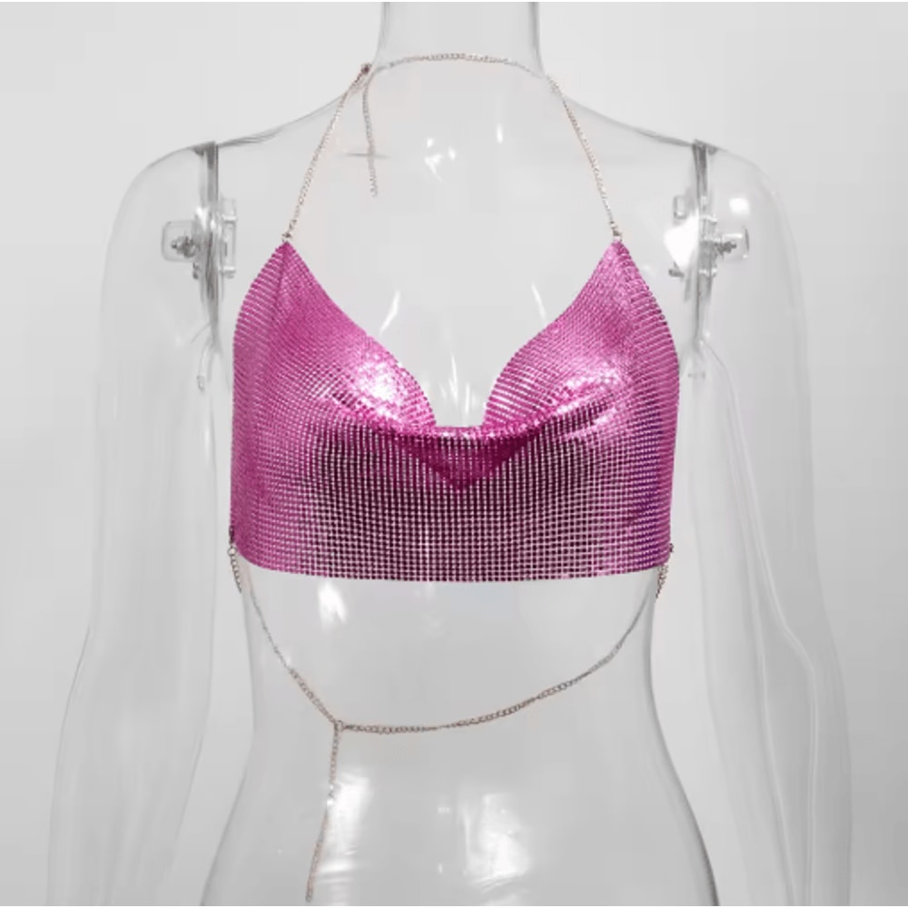 Womens Metallic Halter Crop Top Glitter Backless Corset Cami 9