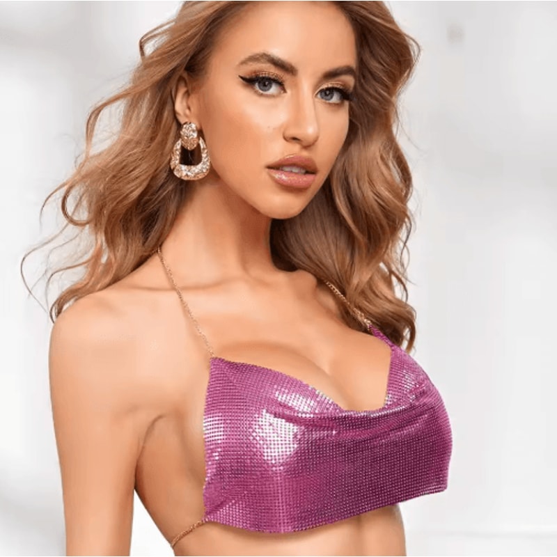 Womens Metallic Halter Crop Top Glitter Backless Corset Cami 0