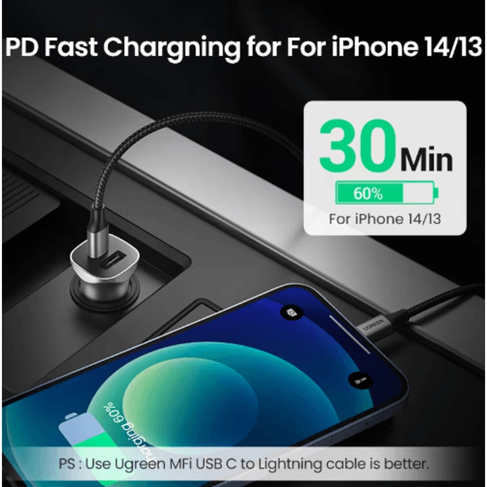 UGREEN 24W Dual Port Car Charger Fast Car Charger With QC 40 USBC Fast Charging For IPhone Samsun 6