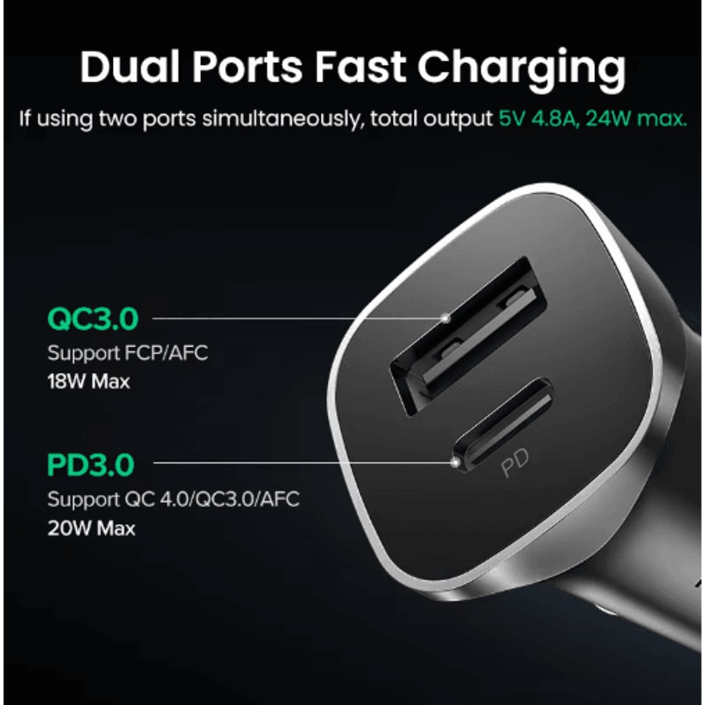 UGREEN 24W Dual Port Car Charger Fast Car Charger With QC 40 USBC Fast Charging For IPhone Samsun 7