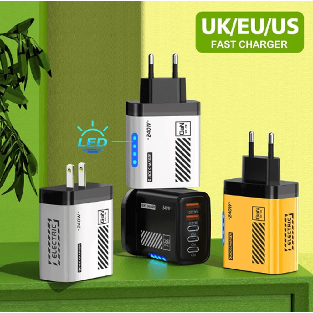 240W GaN 5 Port USBC Fast Charger With EU US Plug For Laptop And Phone 9