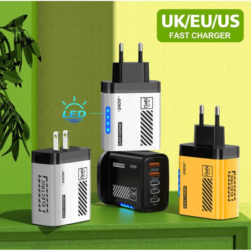 240W GaN 5 Port USBC Fast Charger With EU US Plug For Laptop And Phone 9