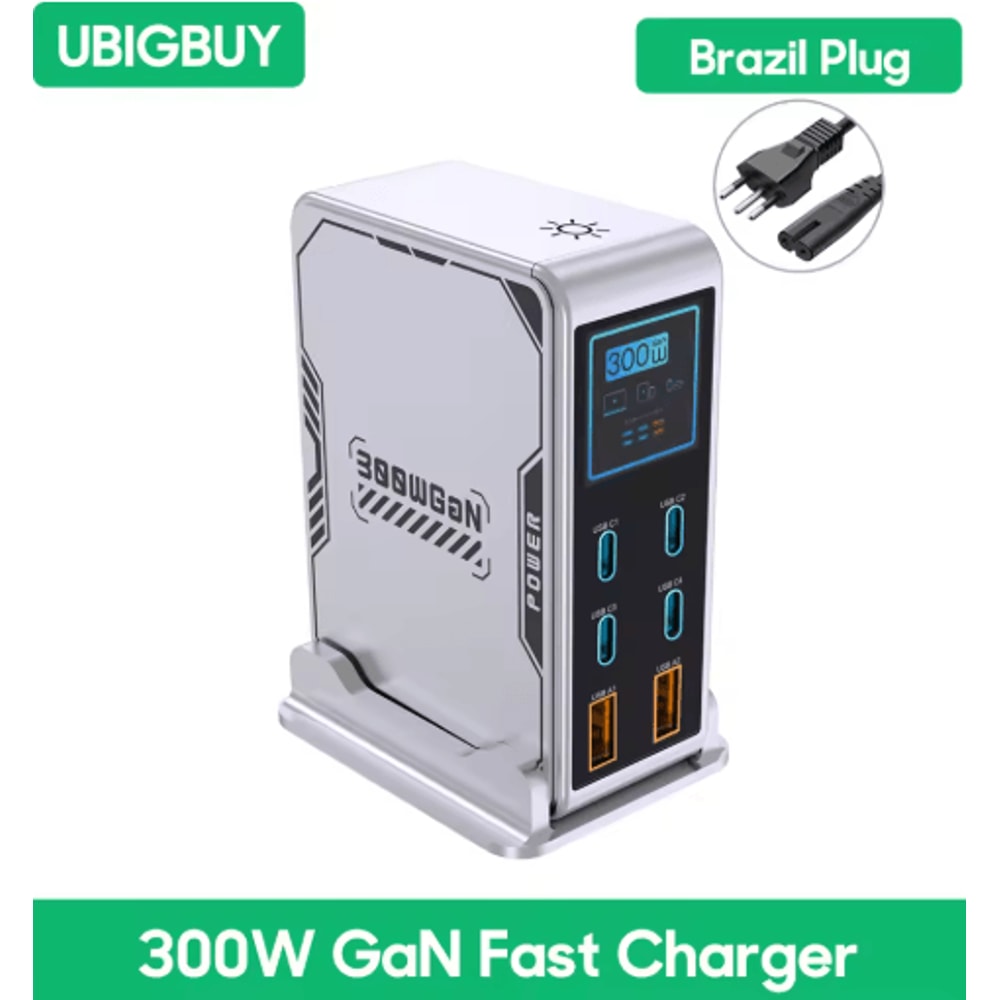 Ubigbuy 300W GaN 6 Port USBC Charging Station With PD 100W And Digital Display 9