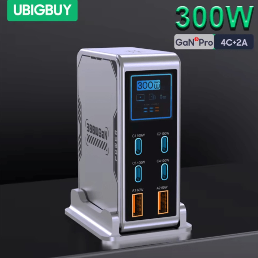 Ubigbuy 300W GaN 6 Port USBC Charging Station With PD 100W And Digital Display 0