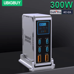 ubigbuy 300w gan 6 port usb-c charging station with pd 100w and digital display