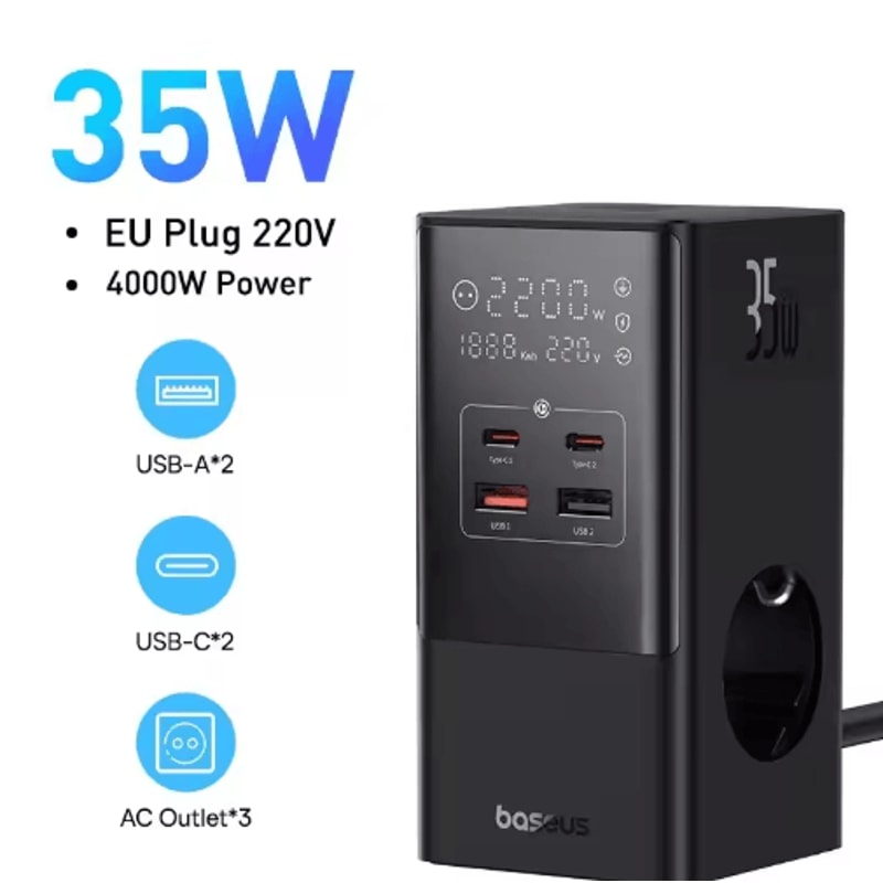 Baseus 35W 7 In 1 Desktop Charging Station With 1200J Surge Protector And Digital Display 1