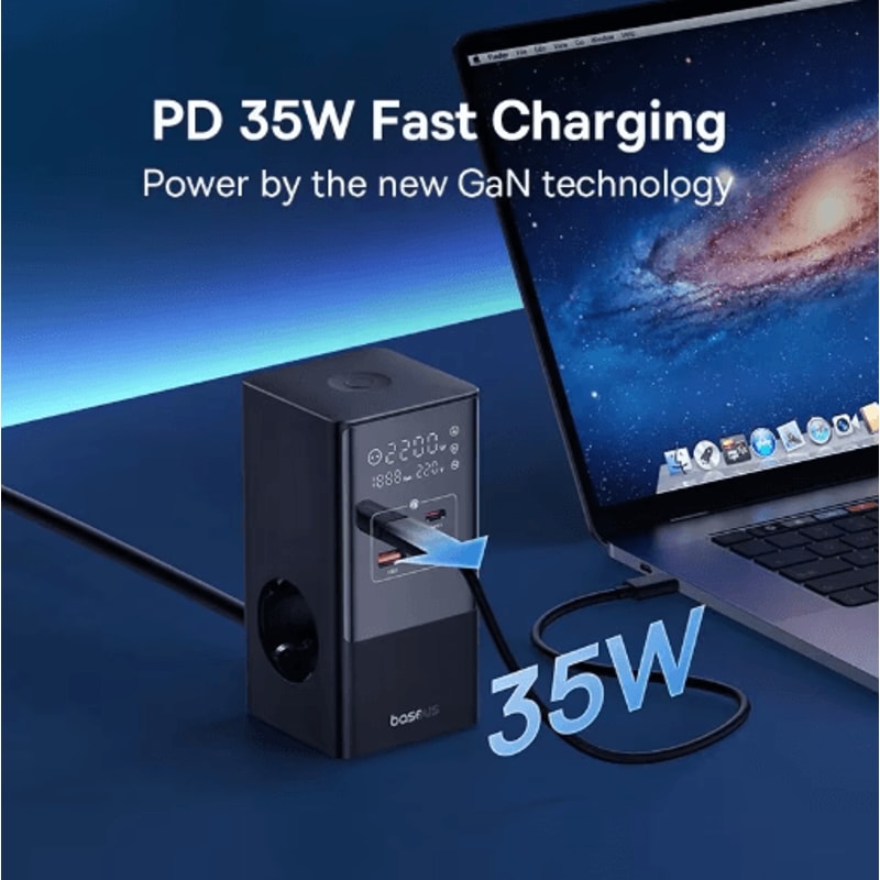 Baseus 35W 7 In 1 Desktop Charging Station With 1200J Surge Protector And Digital Display 5