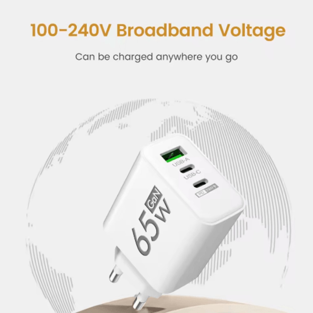 65W GaN 3 Port Fast Wall Charger With PD USBC And Quick Charge 30 6
