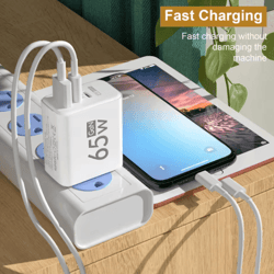 65w gan 3 port fast wall charger with pd usb-c and quick charge 3.0