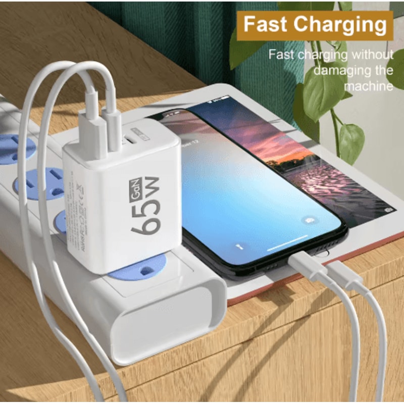 65W GaN 3 Port Fast Wall Charger With PD USBC And Quick Charge 30 7