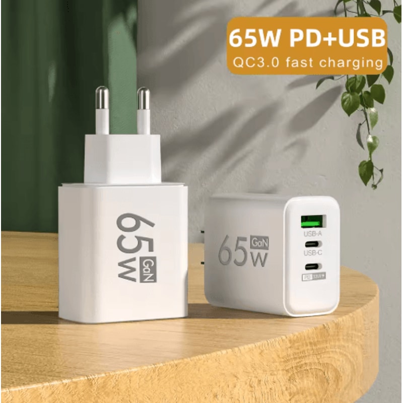65W GaN 3 Port Fast Wall Charger With PD USBC And Quick Charge 30 8