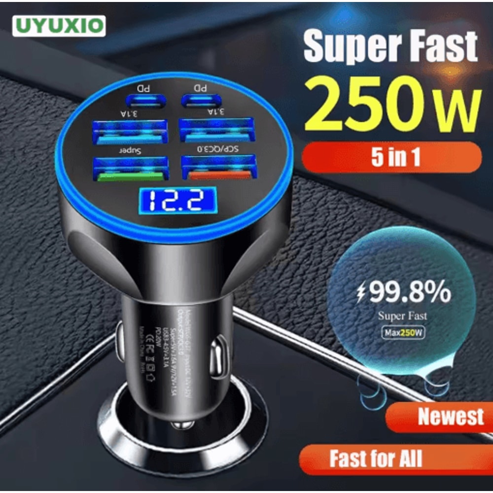 UYUXIO 6 In 1 Multi Port USBC Car Charger With PD 30W And Voltage Display 0