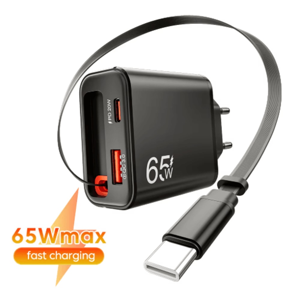 65W USBC Fast Charger With Retractable Cable For IPhone And Samsung 0