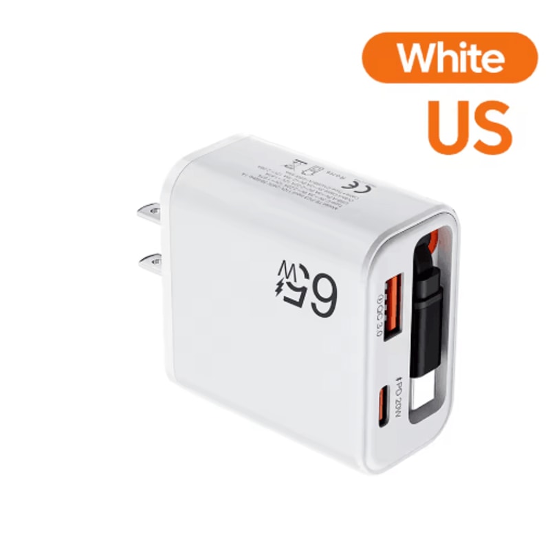 65W USBC Fast Charger With Retractable Cable For IPhone And Samsung 5