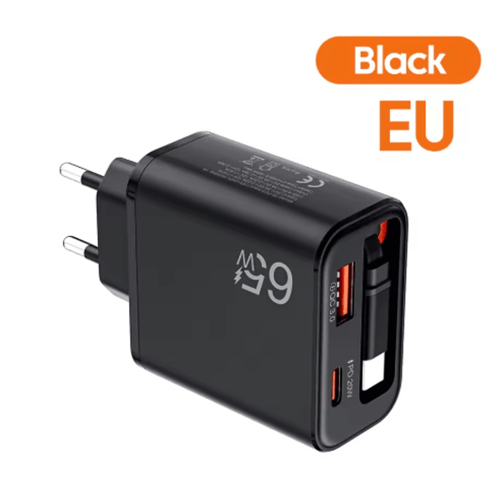 65W USBC Fast Charger With Retractable Cable For IPhone And Samsung 6