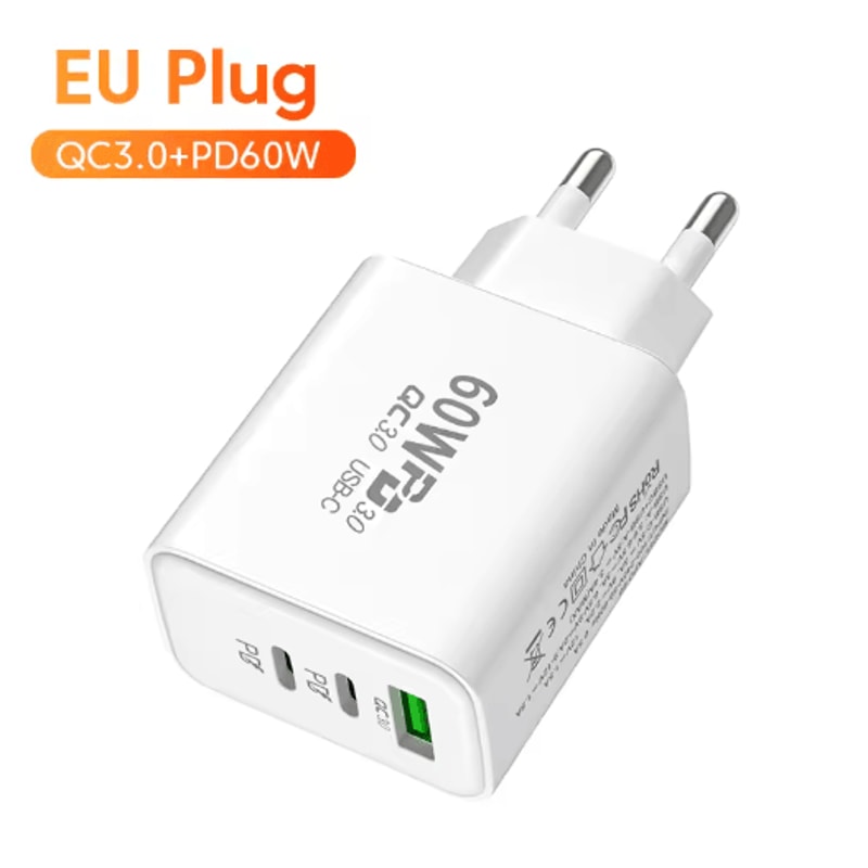 60W 3 Port USBC Fast Wall Charger With PD QC30 EU US Plug 2