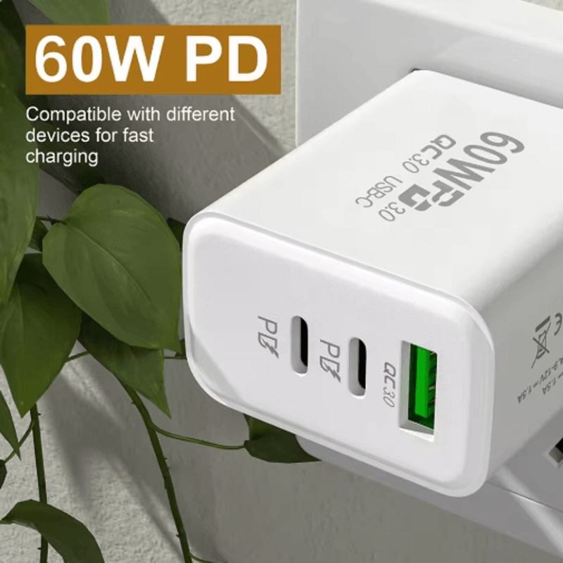 60W 3 Port USBC Fast Wall Charger With PD QC30 EU US Plug 5