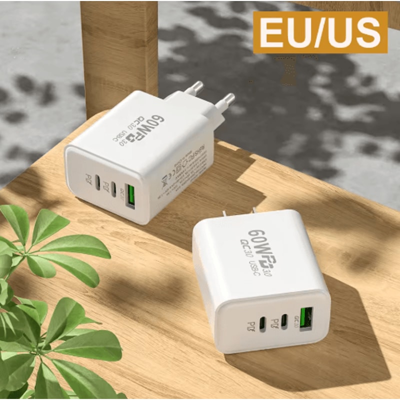60W 3 Port USBC Fast Wall Charger With PD QC30 EU US Plug 7