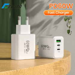 60w 3 port usb-c fast wall charger with pd qc3.0 eu us plug