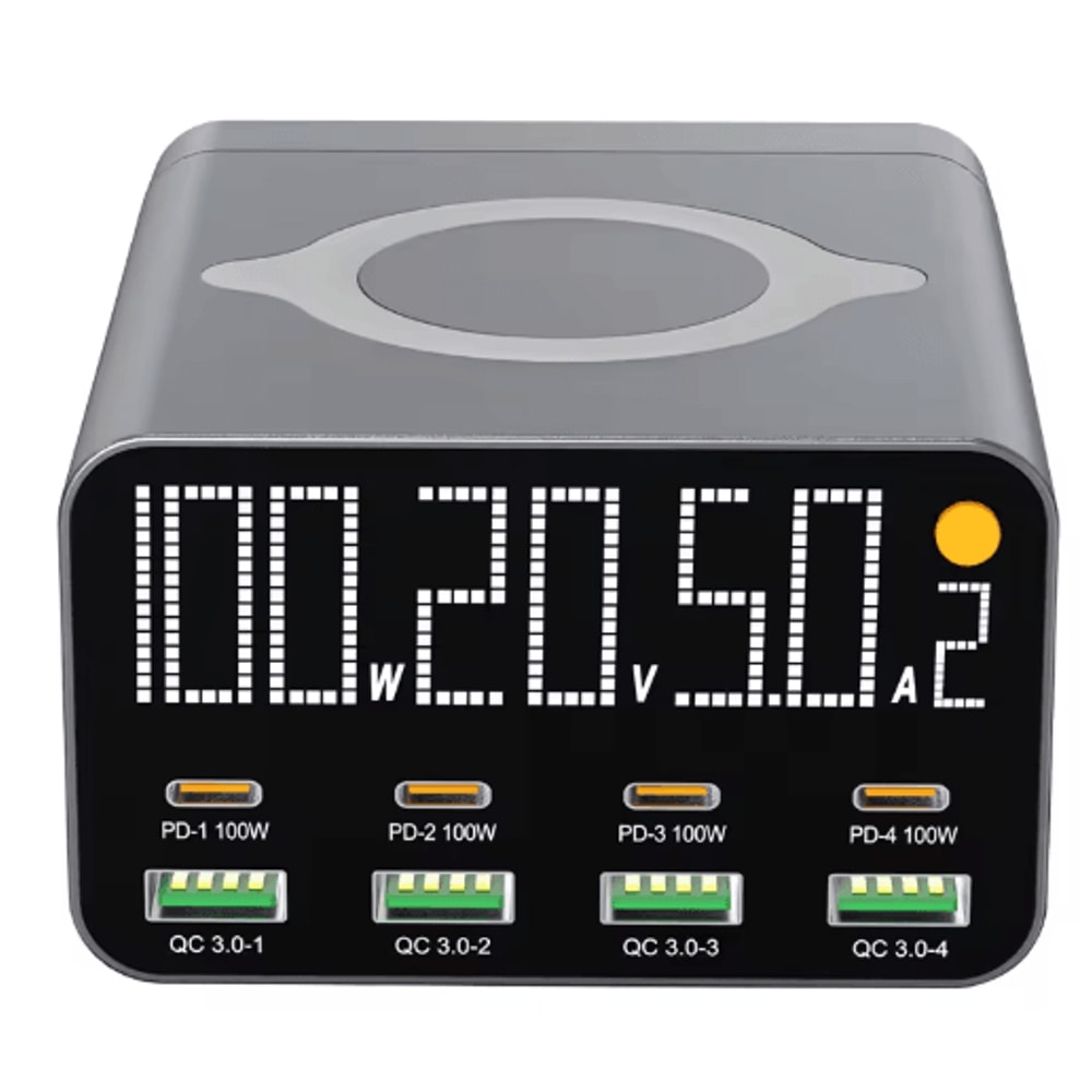 120W 8 Port USBC Desktop Charging Station With Wireless Charger And Digital Display 1