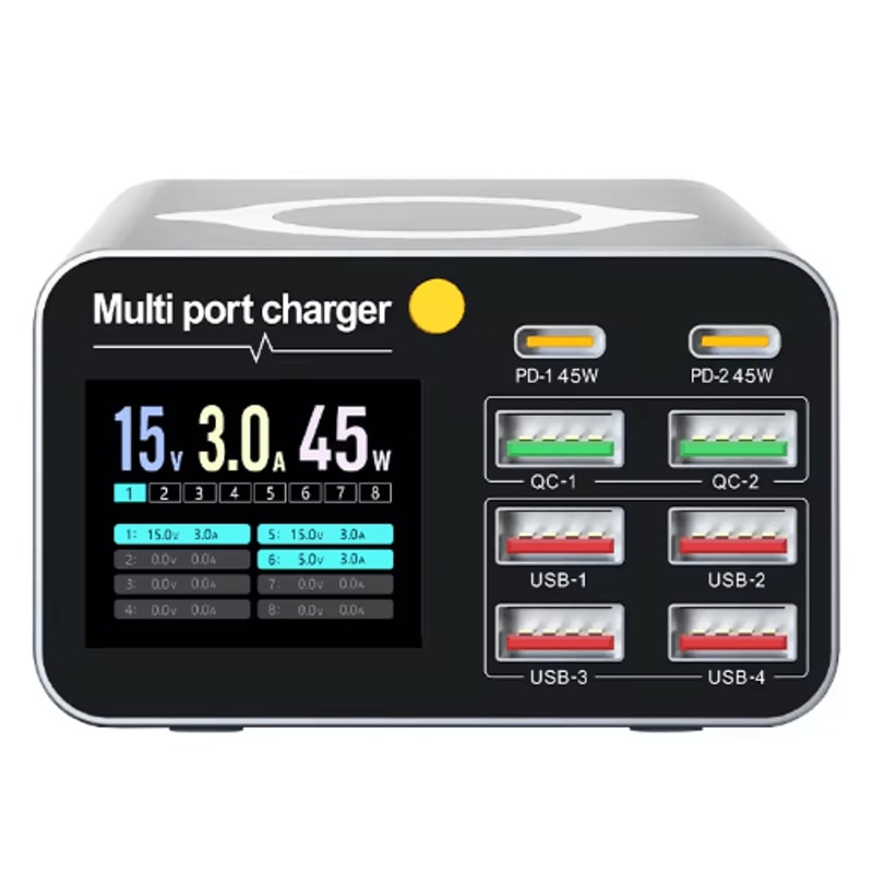 120W 8 Port USBC Desktop Charging Station With Wireless Charger And Digital Display 2