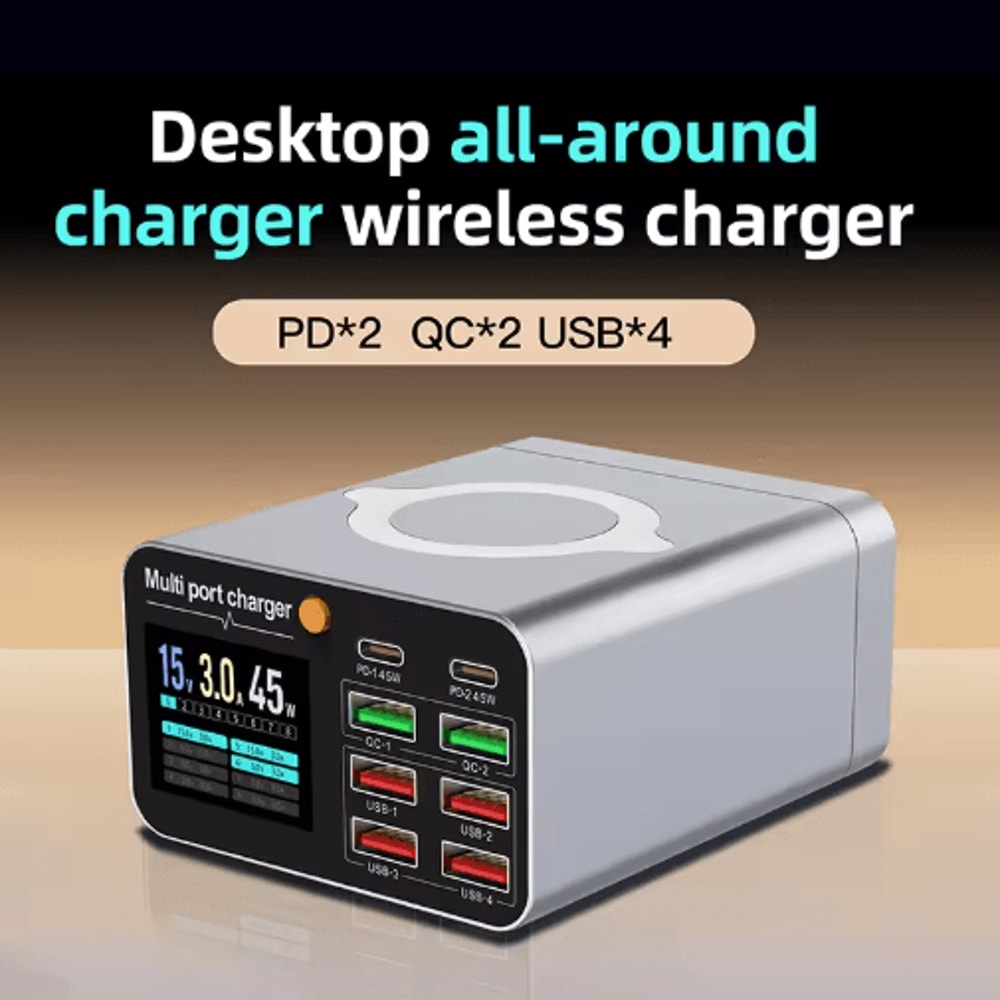 120W 8 Port USBC Desktop Charging Station With Wireless Charger And Digital Display 4