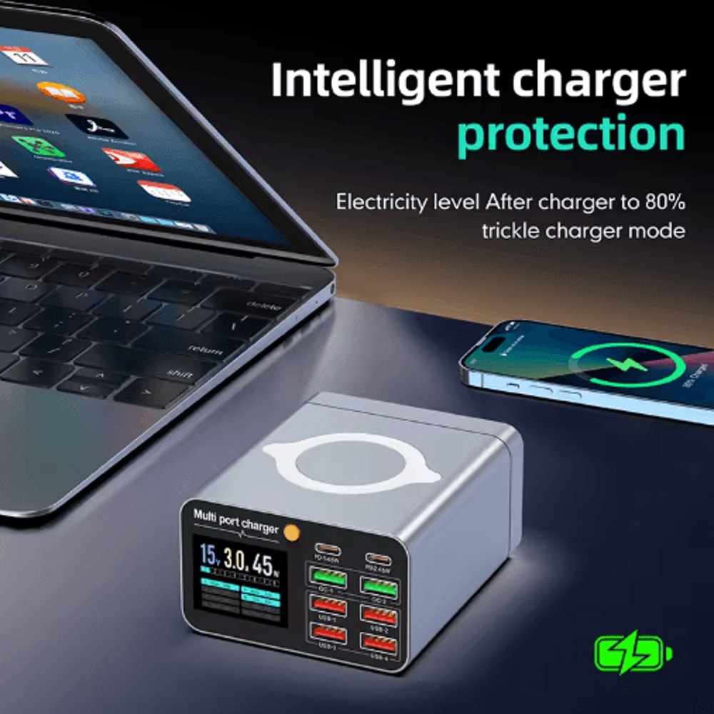 120W 8 Port USBC Desktop Charging Station With Wireless Charger And Digital Display 6