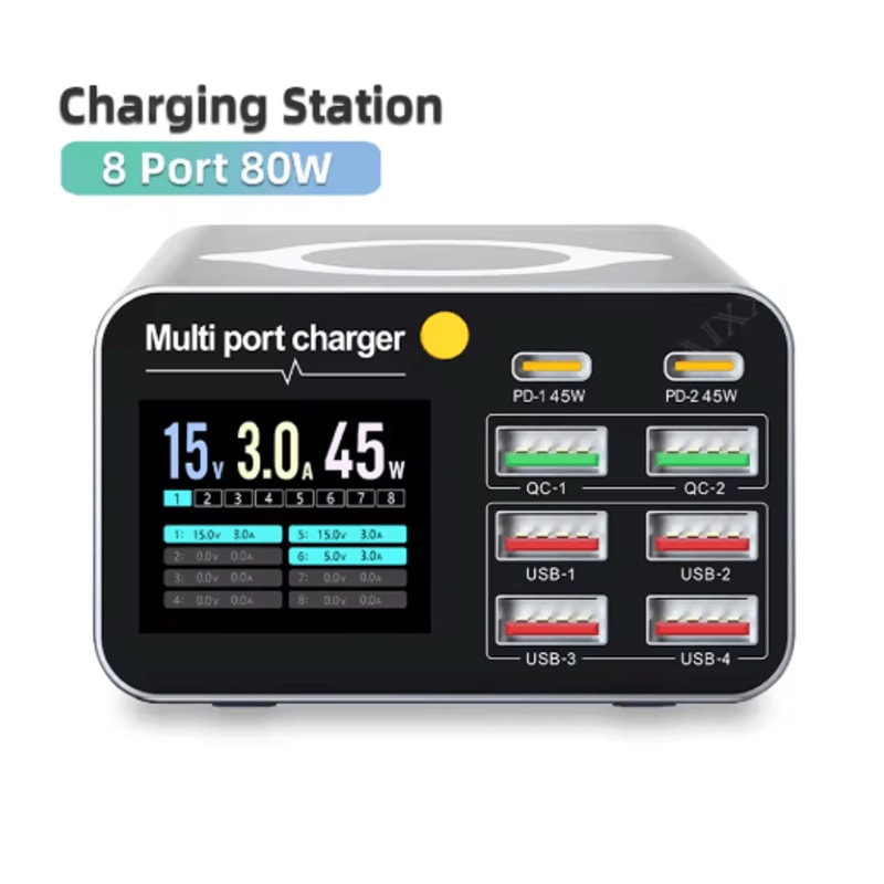 120W 8 Port USBC Desktop Charging Station With Wireless Charger And Digital Display 7