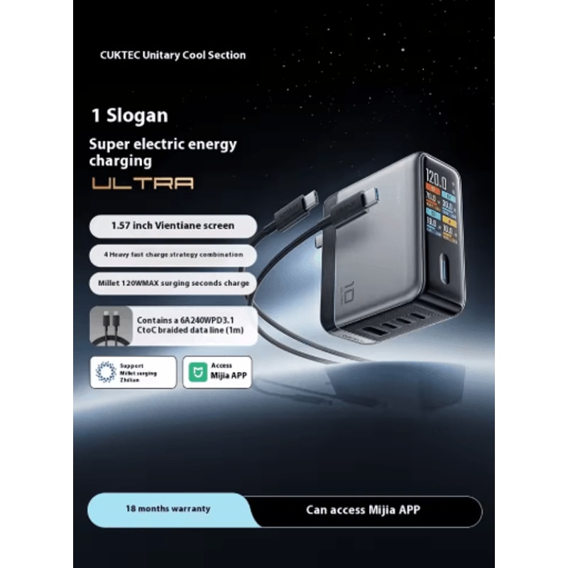CUKTECH 10 Ultra 120W GaN Multi Port Fast Charger With Smart Screen 5