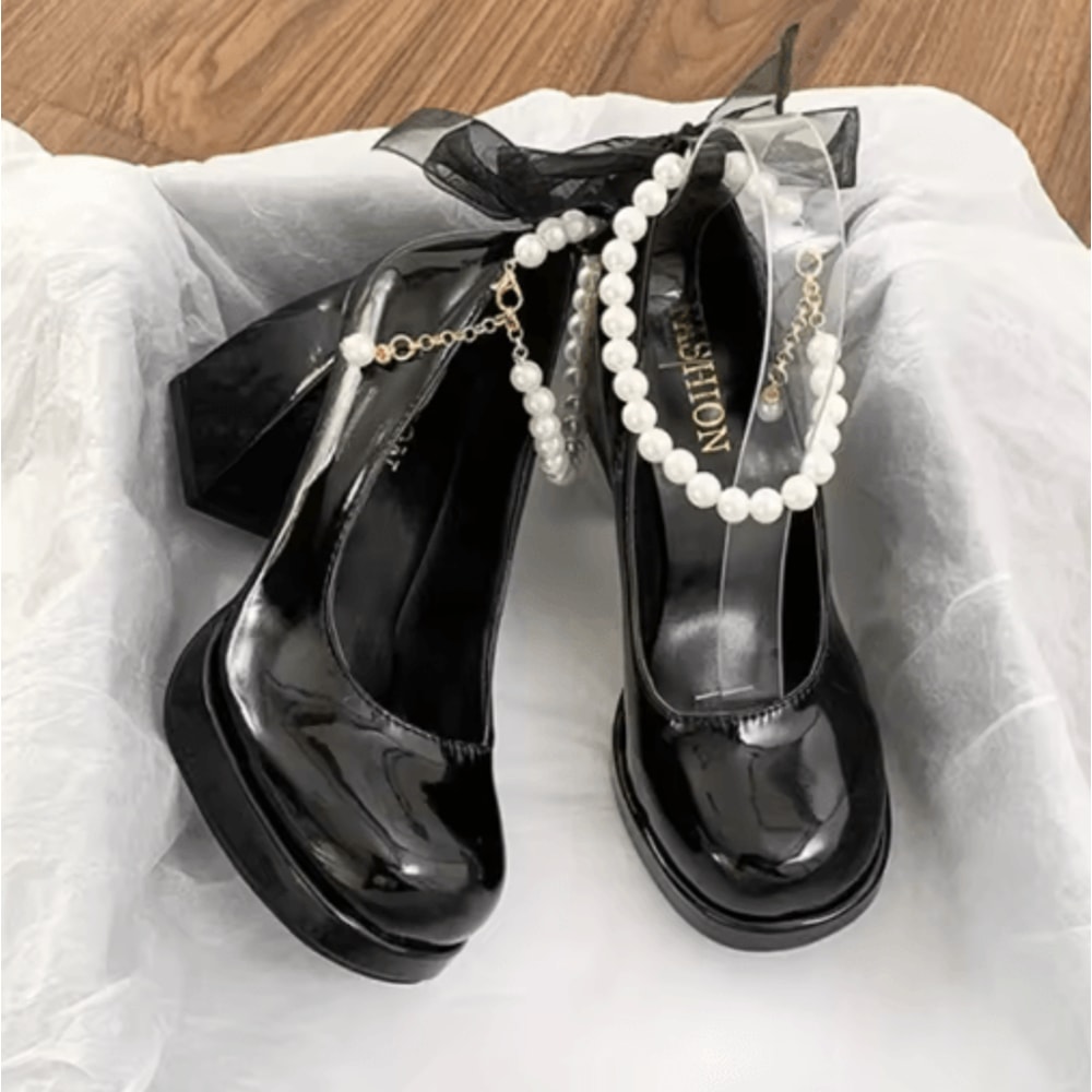 Luxury Square Toe Platform Mary Jane Heels With Pearl Bow 5