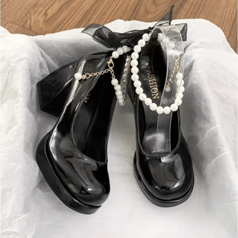 Luxury Square Toe Platform Mary Jane Heels With Pearl Bow 5