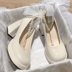 luxury square toe platform mary jane heels with pearl bow