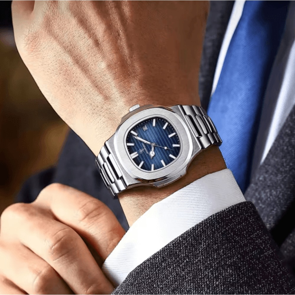 POEDAGAR Luxury Square Stainless Steel Quartz Watch For Men 0