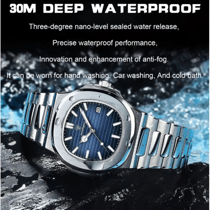 POEDAGAR Luxury Square Stainless Steel Quartz Watch For Men 6