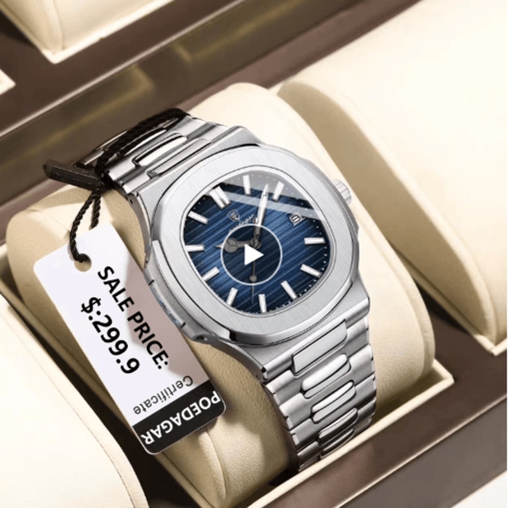 POEDAGAR Luxury Square Stainless Steel Quartz Watch For Men 8