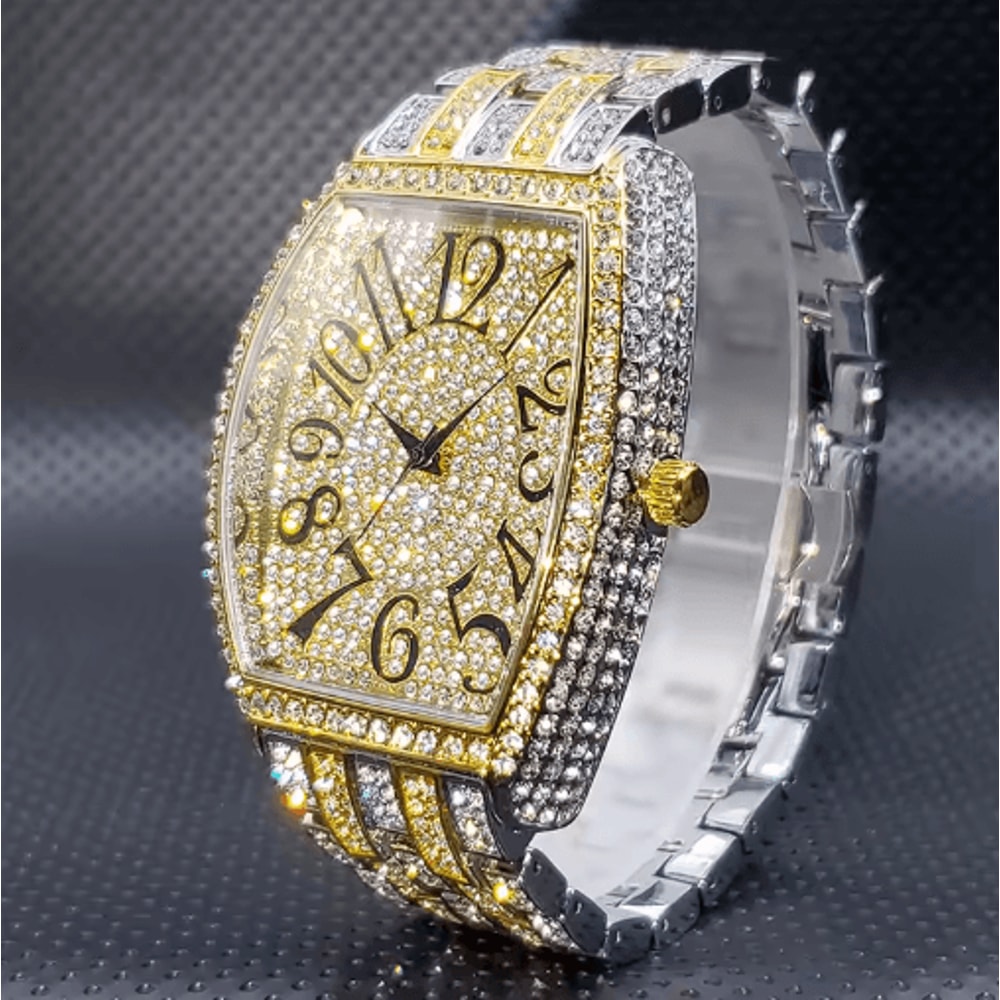 Luxury Iced Out Tonneau Stainless Steel Quartz Watch For Men 1