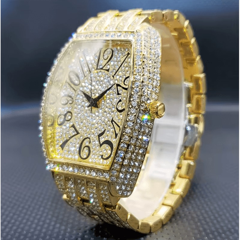Luxury Iced Out Tonneau Stainless Steel Quartz Watch For Men 2