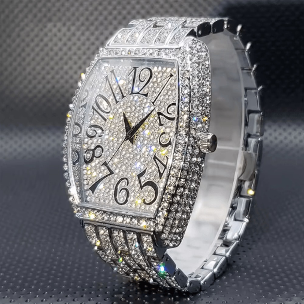 Luxury Iced Out Tonneau Stainless Steel Quartz Watch For Men 3