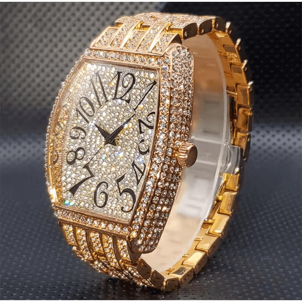 Luxury Iced Out Tonneau Stainless Steel Quartz Watch For Men 4