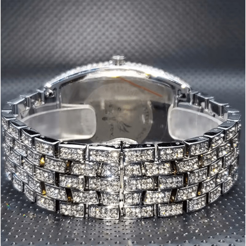 Luxury Iced Out Tonneau Stainless Steel Quartz Watch For Men 6