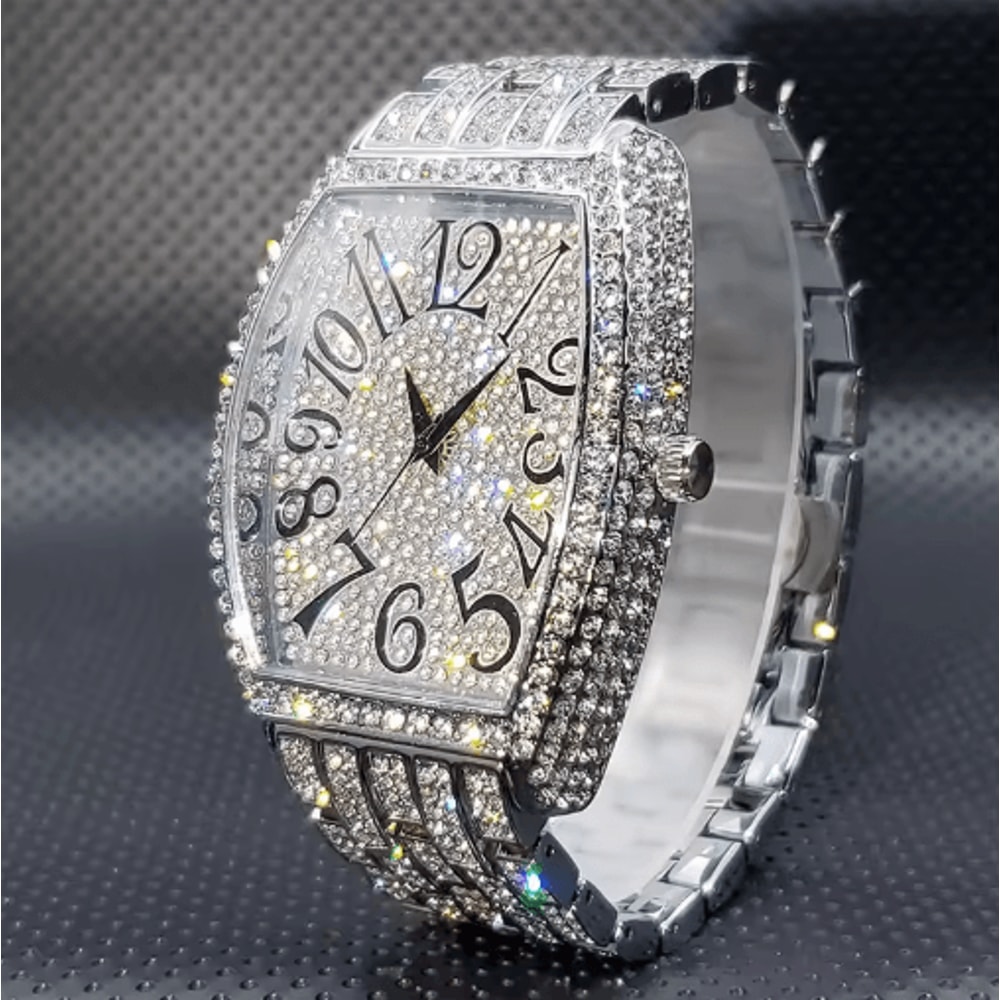 Luxury Iced Out Tonneau Stainless Steel Quartz Watch For Men 0